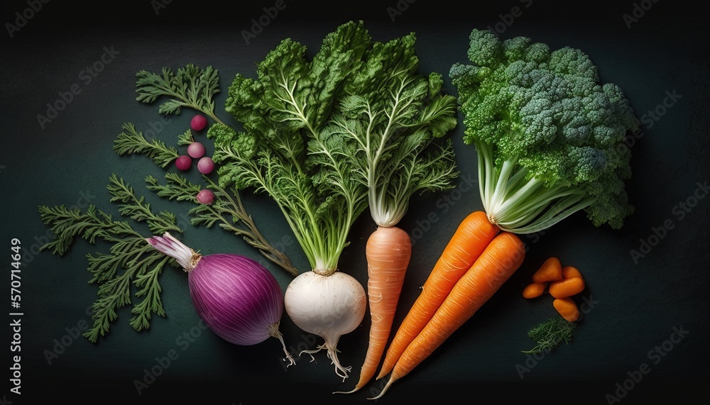  a group of different vegetables on a black surface with a dark background, including carrots, onion