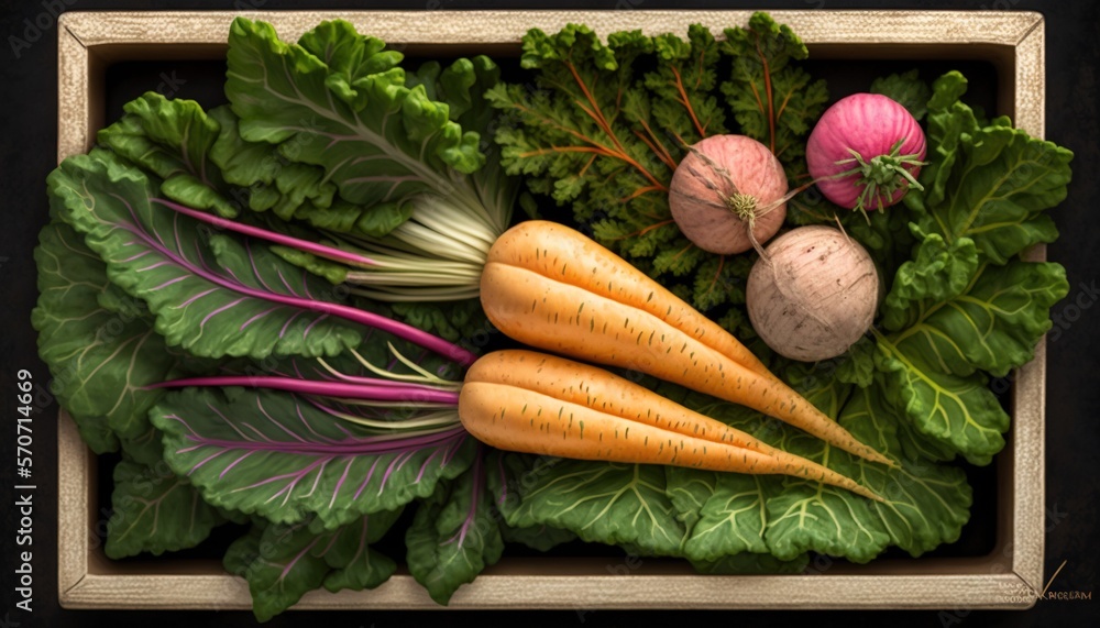  a painting of carrots, radishes, spinach and lettuce in a wooden box on a black surface with a blac