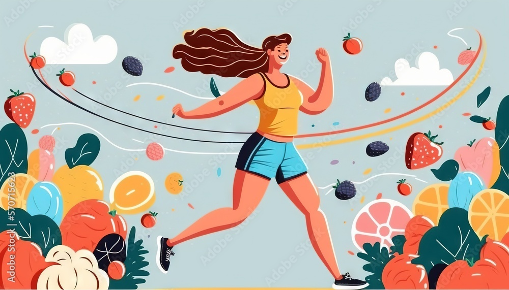  a woman is running through a field of fruits and vegetables with a blue sky in the background and a