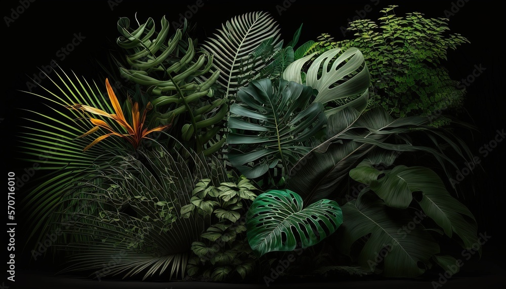  a black background with a variety of tropical plants and plants in the foreground and a bird of par