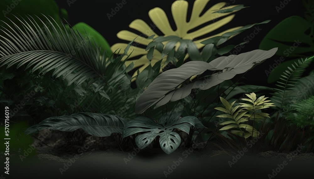  a digital painting of tropical plants and plants in the dark night time, with a black background an