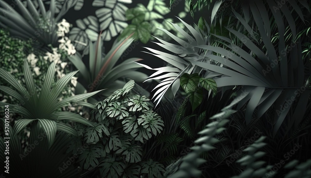  a bunch of plants that are next to each other in the dark night time time time scene of a tropical 