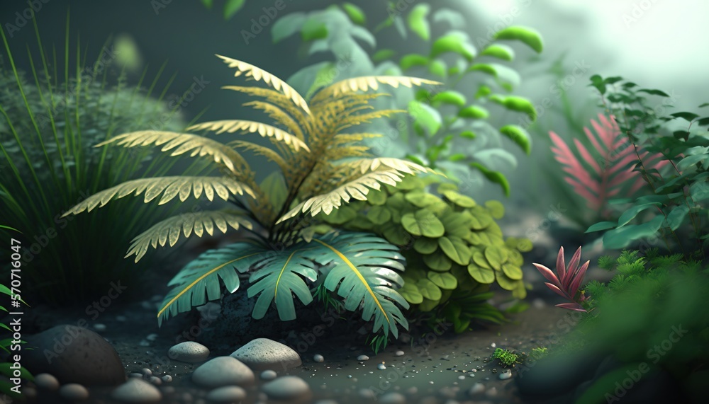  a digital painting of plants and rocks in a forest area with green foliage and rocks on the ground 