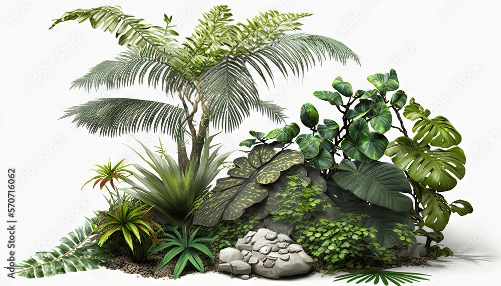  a group of plants and rocks in a garden area with a palm tree in the corner of the picture, and a w