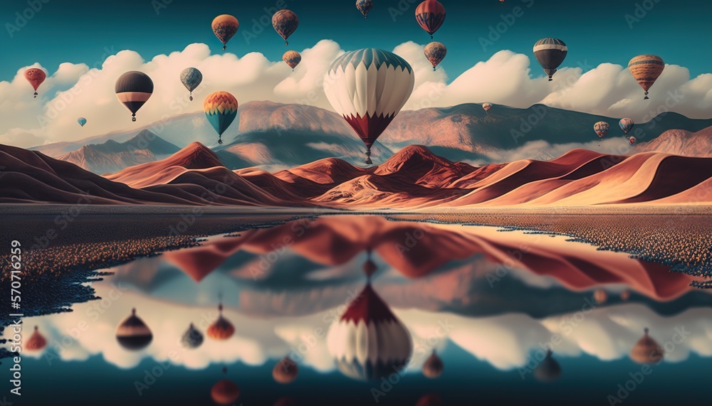 a painting of hot air balloons flying over a mountain range with a lake in the foreground and a mou