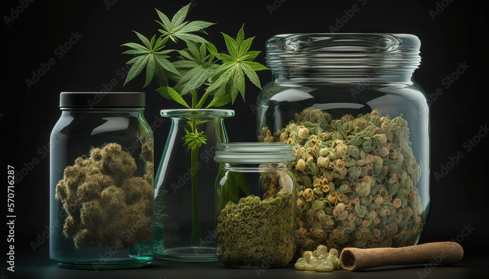  a group of glass jars filled with plants and herbs next to a pipe of smoke and a bottle with a mari
