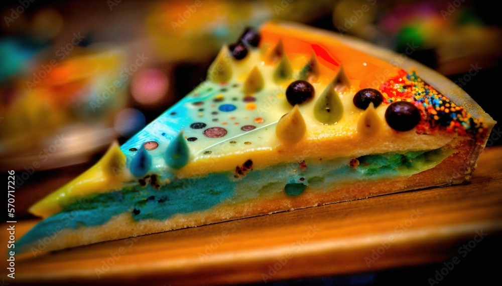  a slice of cake with colorful toppings on a wooden table with a blurry background of other desserts