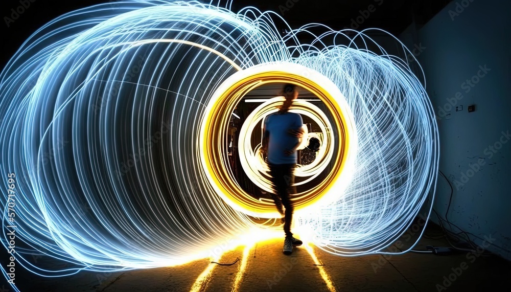  a man standing in front of a light painting of a spiral of light in a dark room with a person stand
