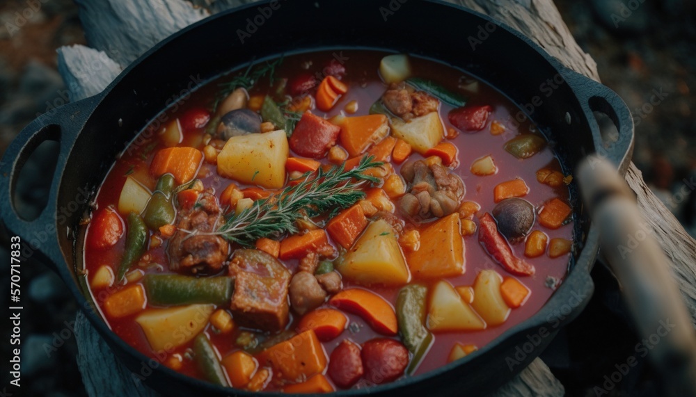  a pot of stew with carrots, potatoes, and other vegetables on a wooden table top next to a piece of