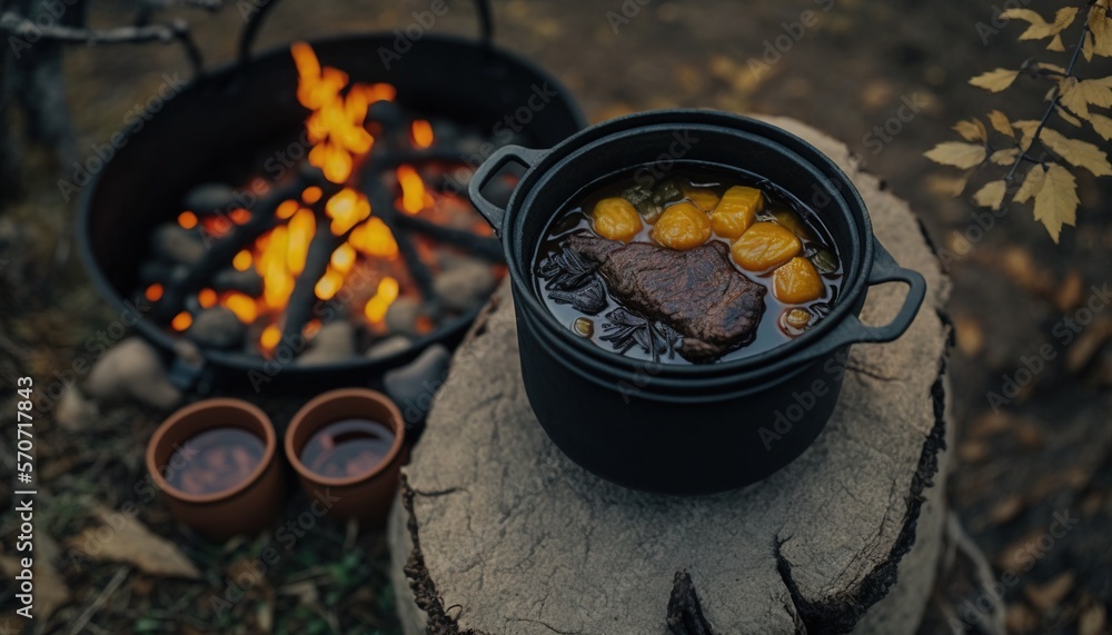  a pot of food sitting on top of a log next to a campfire with two cups of coffee next to it and a p