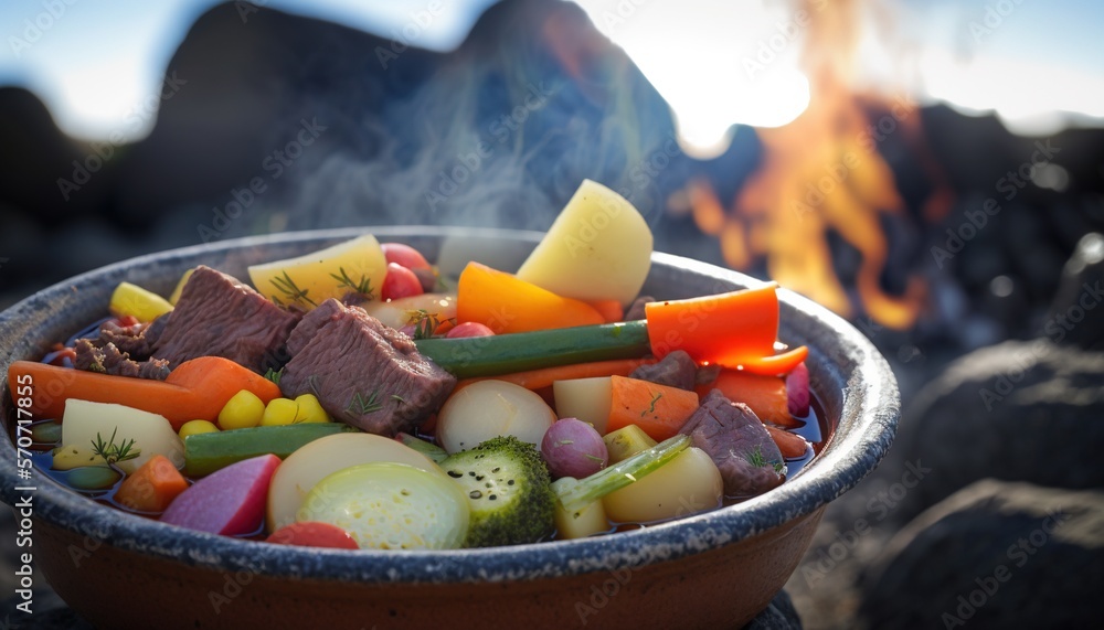  a bowl filled with meat and vegetables next to a campfire on a rocky beach with a blue sky in the b