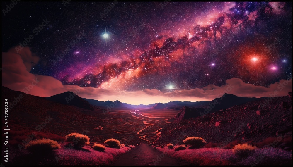  a view of the night sky with stars and a path leading to the stars in the sky with mountains in the