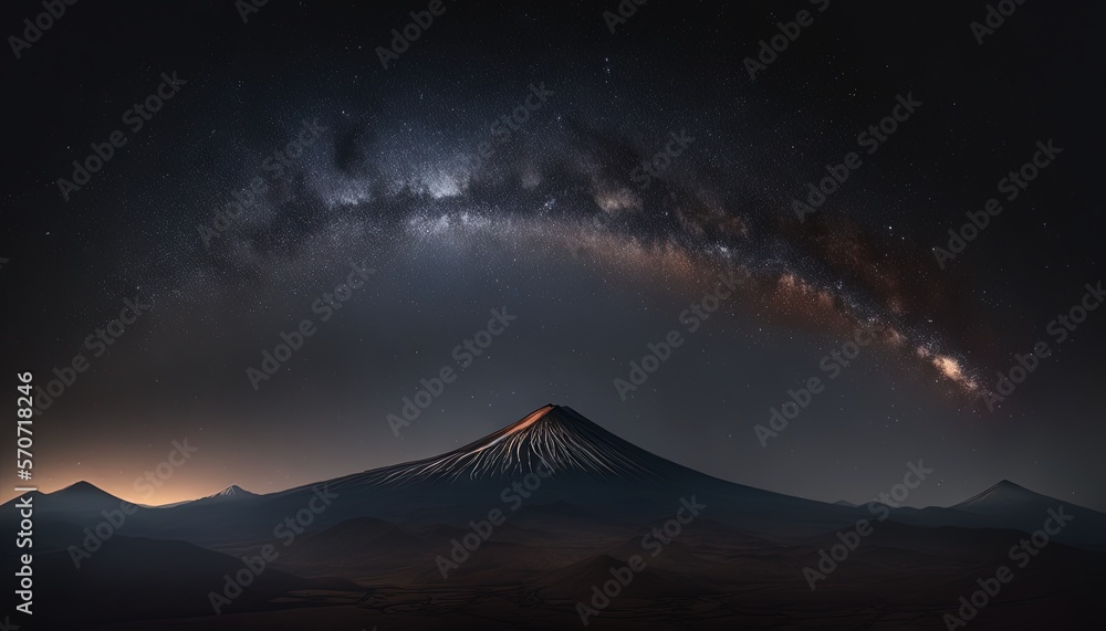  a mountain with a star filled sky above it and a milky filled sky above it, with a bright orange an