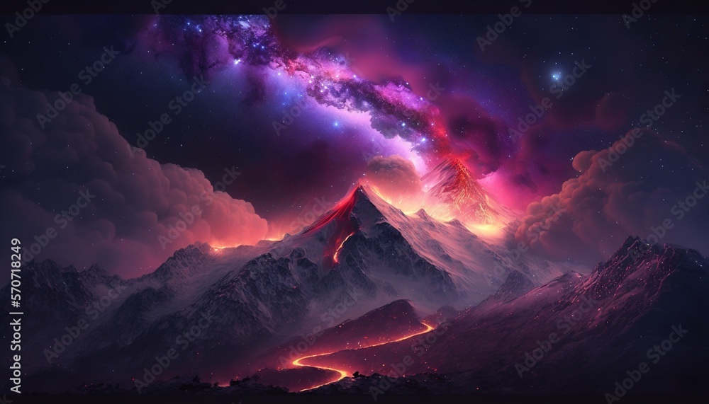  a night scene with a mountain and a sky filled with stars and a bright pink and purple light coming