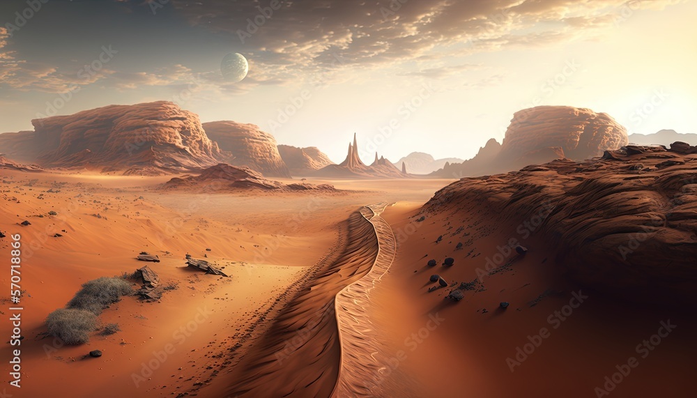  a computer generated image of a desert with rocks and a distant planet in the distance with a dista