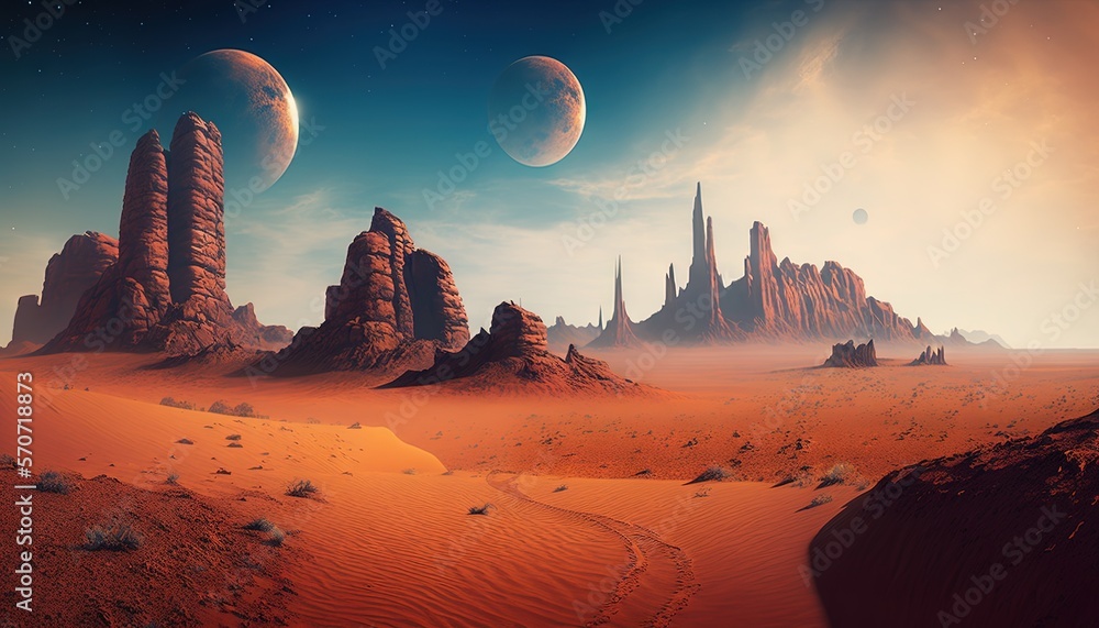  a desert landscape with rocks and planets in the sky and a distant star in the distance with a dist