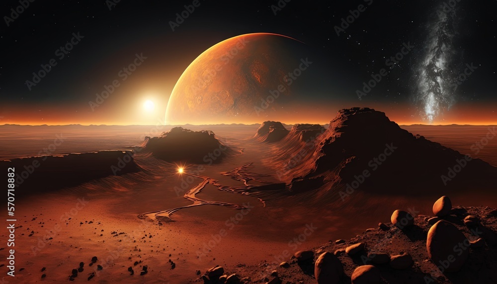  an artists rendering of a red planet with a distant star in the distance and a distant star in the