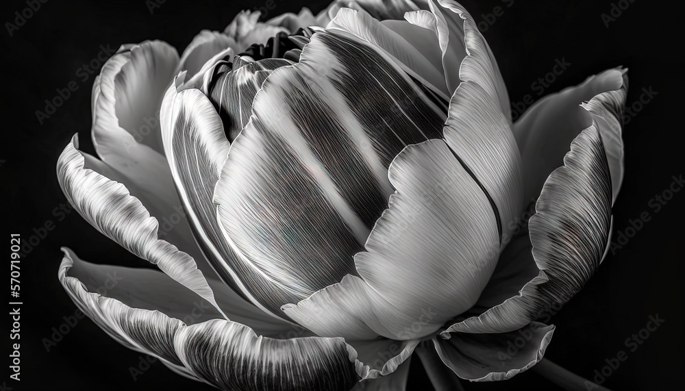  a black and white photo of a large tulip in full bloom, with the petals still attached to the petal