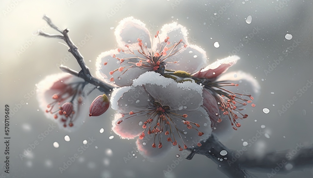  a branch of a flowering tree with snow on its leaves and buds in the foreground, with a gray sky i