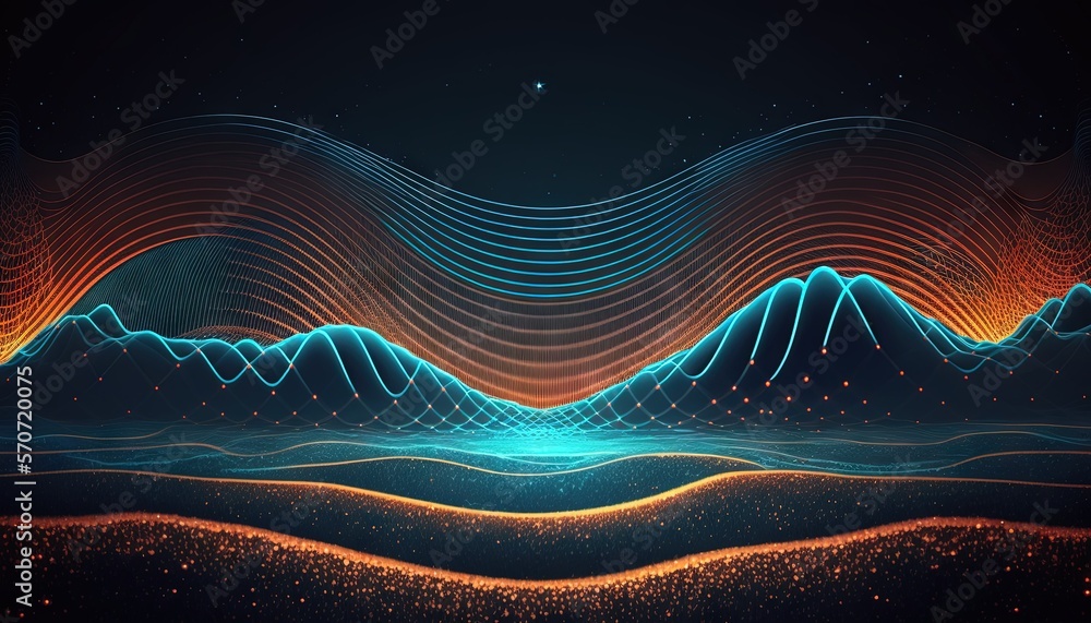  a computer generated image of waves and stars in the night sky over a mountain range with a star in