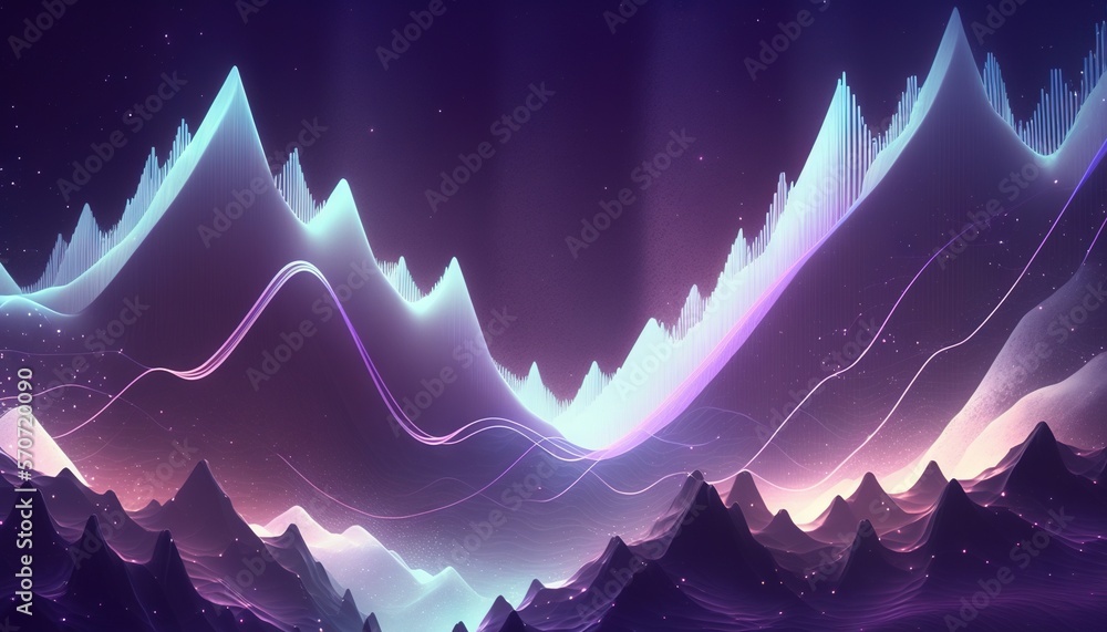  a computer generated image of a mountain range with mountains and stars in the sky and a purple and