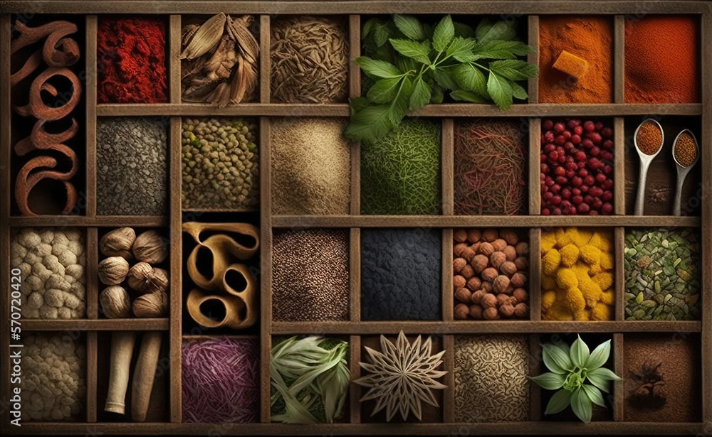  a wooden box filled with lots of different types of spices and herbs next to a wooden spoon and spo
