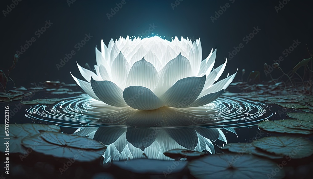  a large white flower sitting on top of a lake of water surrounded by lily pads and lily padding in 