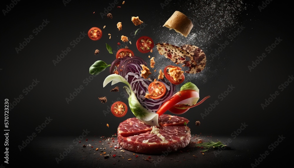  a piece of meat is falling into a pile of vegetables and meat on a black background with a splash o