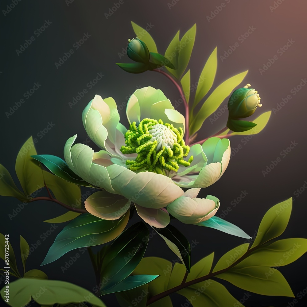 a painting of a flower with green leaves on a black background with a green center and a white cent