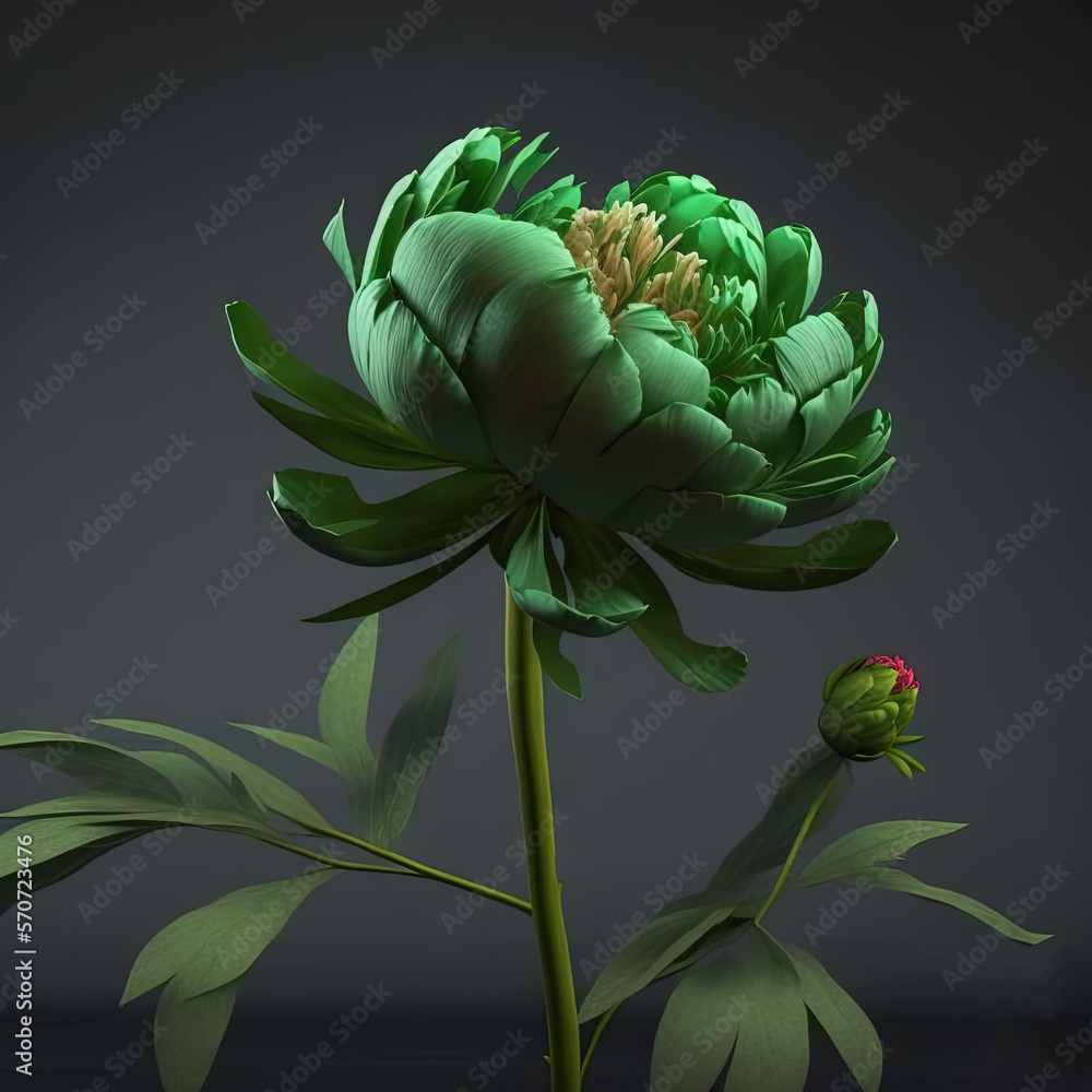  a large green flower with leaves on a dark background with a green stem in the foreground and a dar