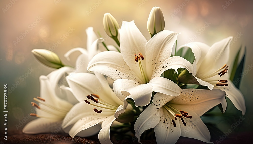  a bouquet of white lilies with green leaves on a brown table top with a blurry background behind it