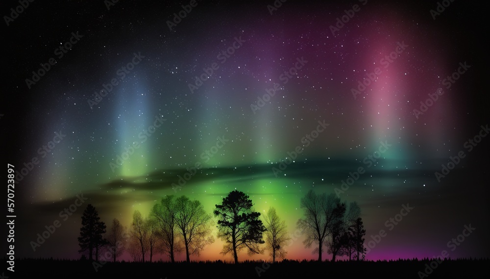  the aurora bore is visible in the sky above the trees and the stars in the sky above the trees and 
