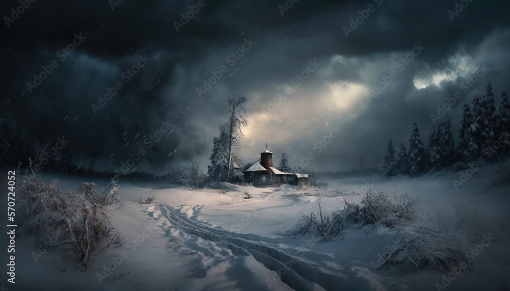  a house in the middle of a snow covered field with a dark sky above it and a trail leading to the h