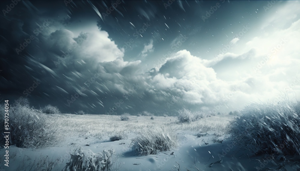  a snow covered field with grass and clouds in the sky and snow falling down on the ground and grass