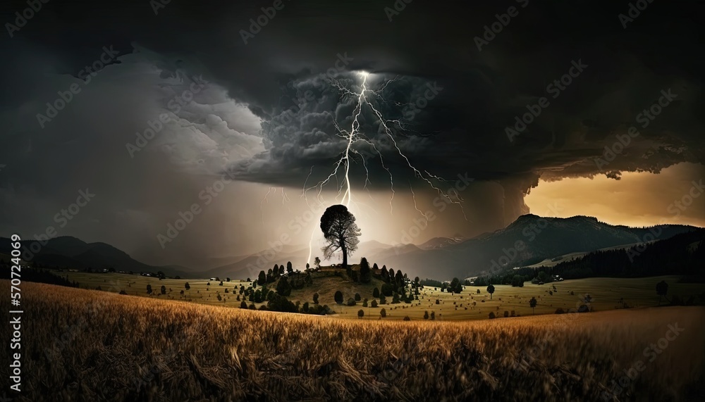  a tree on a hill with a lightning in the sky above it and a field of grass and trees in the foregro
