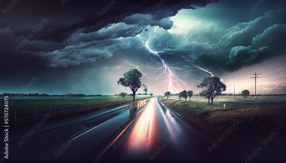  a painting of a road with a lightning bolt in the sky above it and trees on the side of the road in