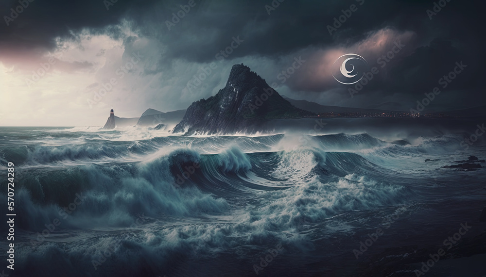  a painting of a lighthouse in the middle of a stormy sea with a moon in the sky above the waves and