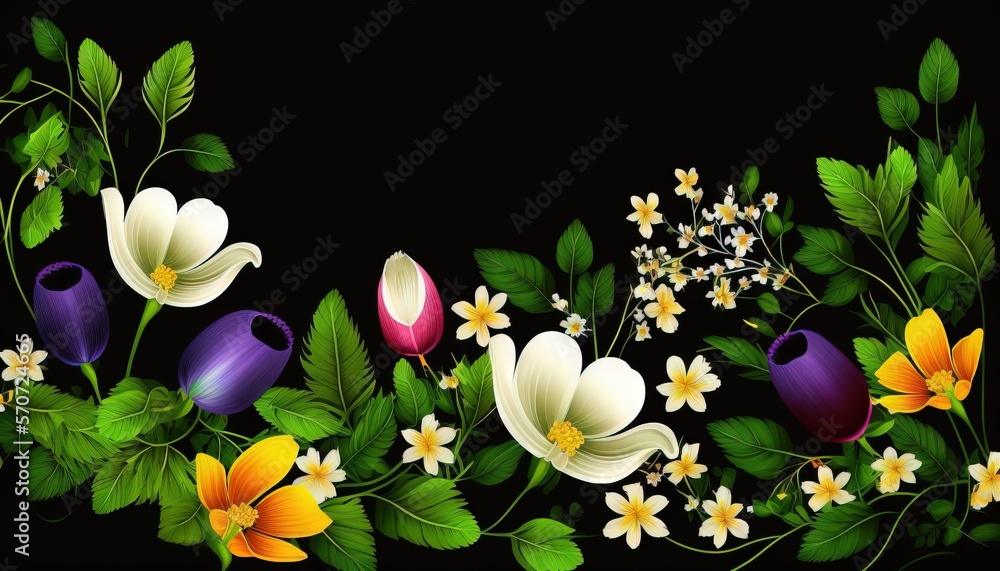  a painting of flowers and leaves on a black background with a black background and a black backgrou