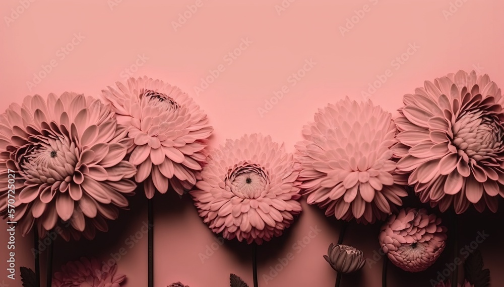  a group of pink flowers sitting on top of a pink wall next to a pink wall with a butterfly on the t