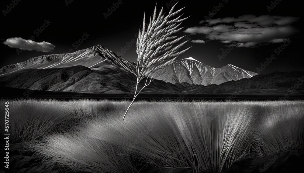  a black and white photo of a mountain range with a grass field in the foreground and clouds in the 