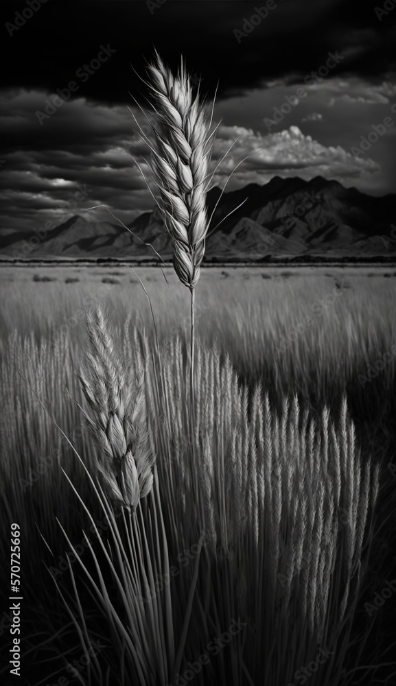  a black and white photo of a wheat field with a dark sky in the background and a mountain range in 