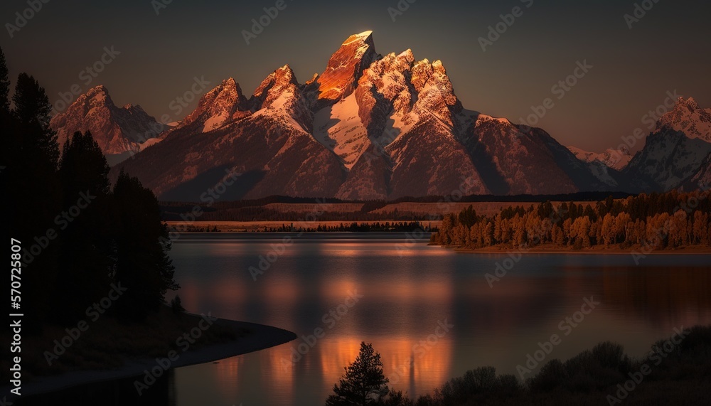  a mountain range with a lake and trees in front of it at night with a full moon in the sky above th