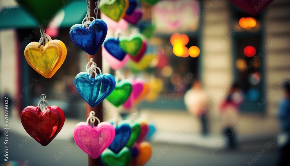  a bunch of heart shaped ornaments hanging from a pole on a city street with people in the backgroun