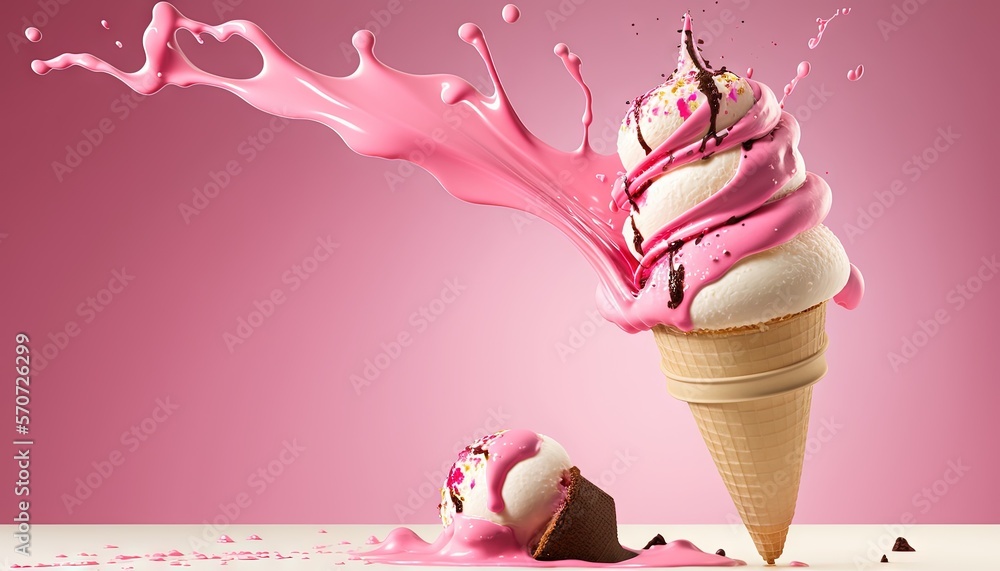  an ice cream cone with pink and white icing on top of it and a scoop of ice cream in the middle of 
