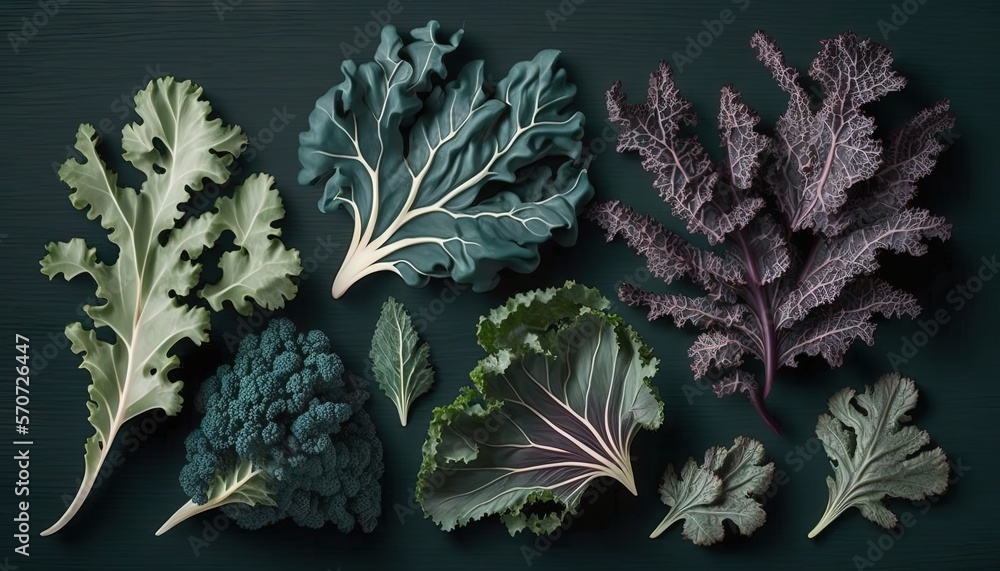  a group of different types of leafy vegetables on a dark background with a green background and a d