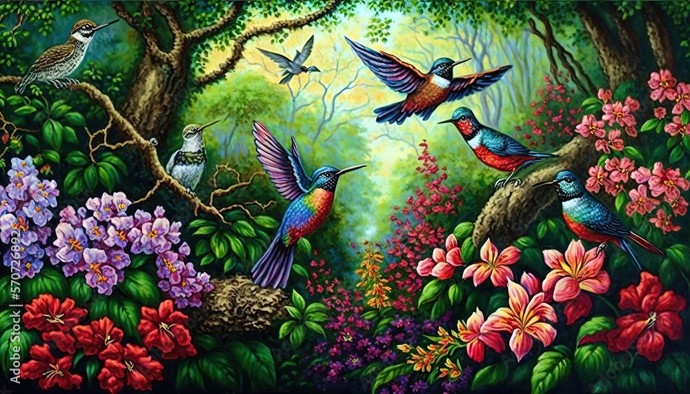  a painting of birds flying over a forest filled with flowers and trees with a sun shining through t