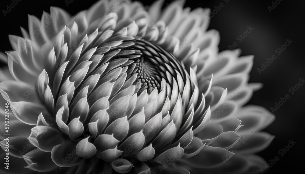  a black and white photo of a flower with a spiral design on the center of the flower, with the peta