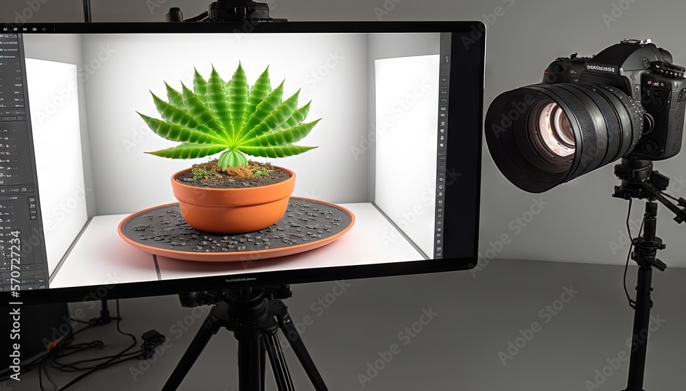 a potted plant on a plate on a tripod in front of a camera and a video screen with a camera on the 