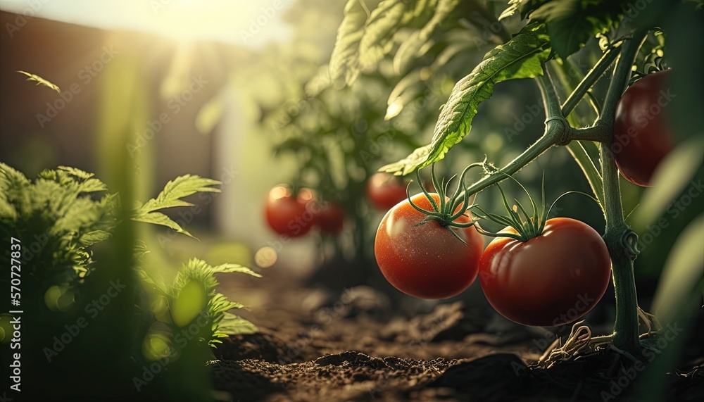  a bunch of tomatoes growing on a plant in a garden with sunlight shining through the leaves of the 