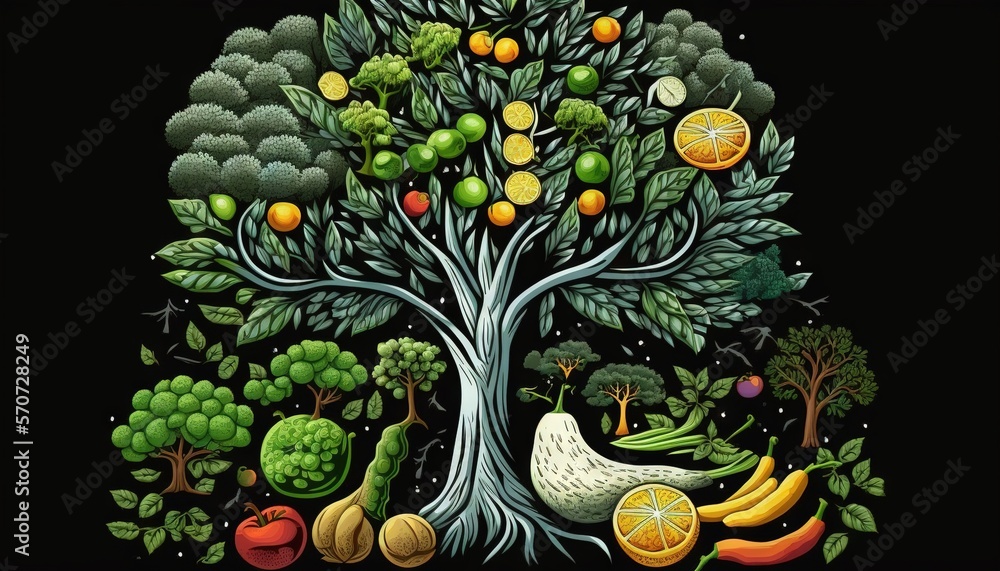  a painting of a tree with fruits and vegetables growing out of its roots and a bird sitting on top